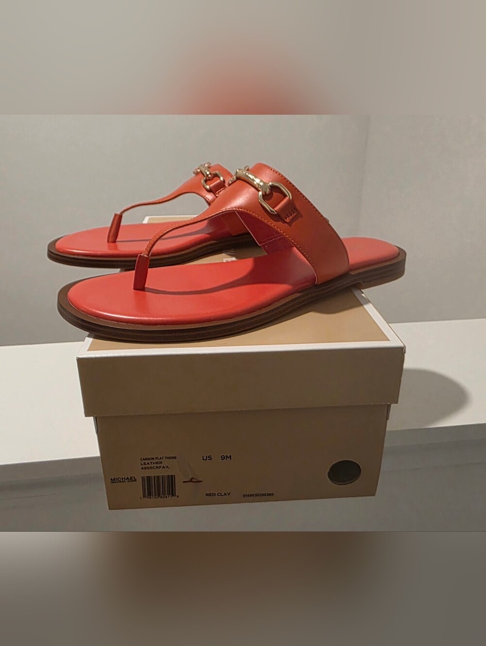 Michael Kors Coral Red Leather Thong Sandals with Gold Hardware